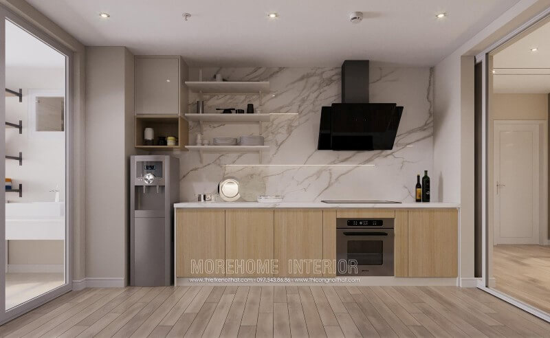 Tủ bếp gỗ công nghiệp MDF màu nâu sáng thiết kế nhiều ngăn hỗ trợ lưu chứa đồ đạc cho người nội trợ tủ bếp chung cư