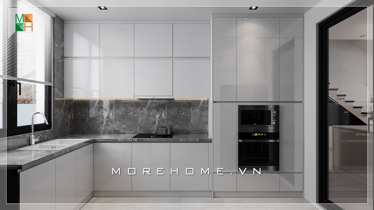 Mẫu tủ bếp màu trắng gỗ Acrylic đẹp hiện đại rất tiện nghi tủ bếp chung cư