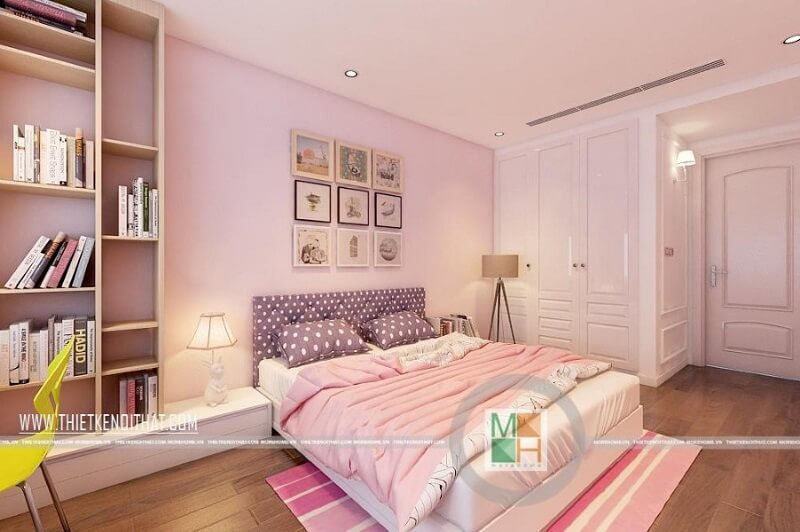 Thiết kế phòng ngủ chung cư đẹp với tông màu hồng nữ tính được các bé gái rất yêu thích. Mẫu nội thất chung cư đẹp