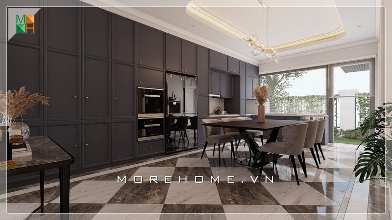 Mẫu thiết kế bộ bàn ăn 6 ghế bọc nỉ kiểu dáng đơn giản nhưng sang trọng, phù hợp cả phong cách tân cổ điển và hiện đại