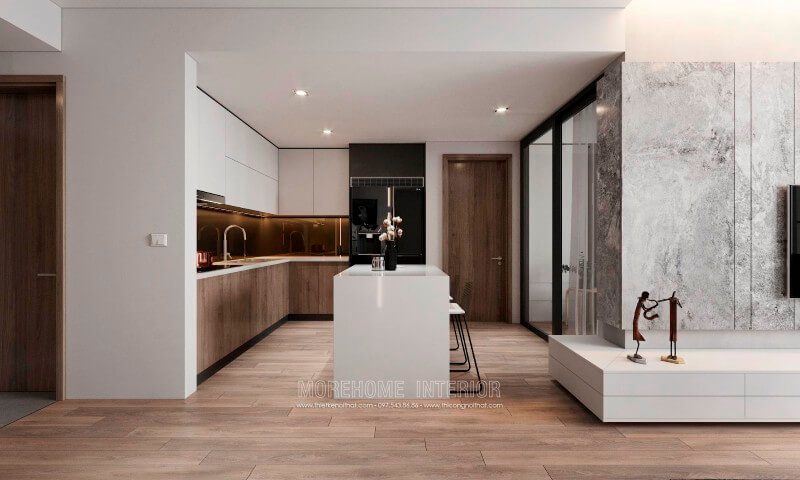 . Nội thất phòng bếp được trang trí ấn tượng bằng chất liệu gỗ công nghiệp An Cường. Tại giữa phòng được bố trí thêm một chiếc bàn đảo tích hợp các công năng, giúp tạo nên sự tiện nghi cho người nội trợ.